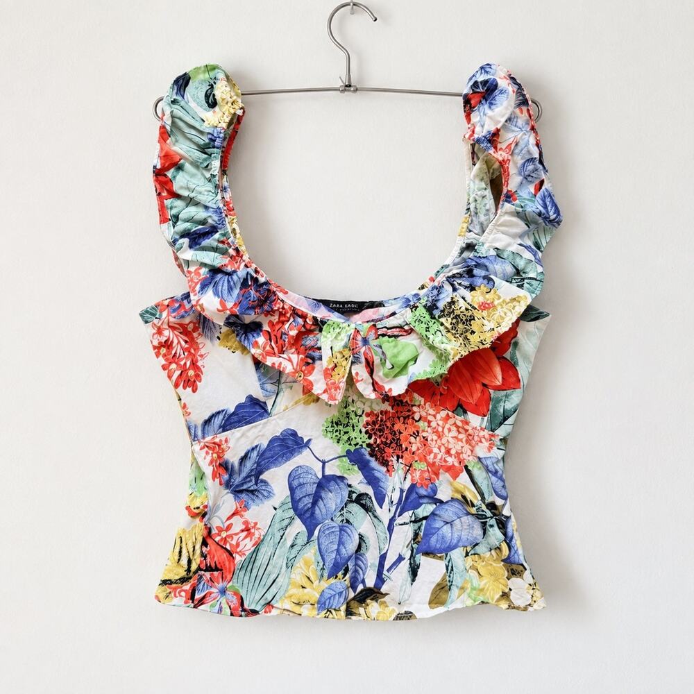 Zara Womens Small Ruffle Top Shirt Floral Tropical Corset Style Cropped Resort